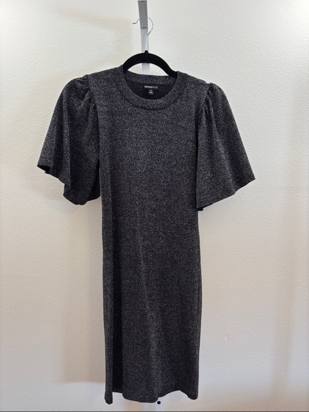 Womens Minnie Rose Black Silver Metallic Puff Sleeve Pencil Sweater Dress Medium